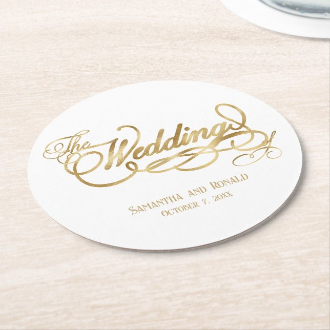 Elegante White and Imitats Gold Calligraphy Weddin Runder Pappuntersetzer (Angewinkelt)