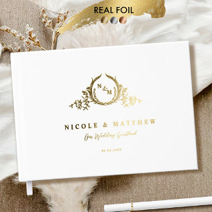 Elegante White and Real Foil Monogram Wedding Gästebuch