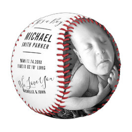 Elegante White Birth Ankündigung 2 Fotos Name Baseball