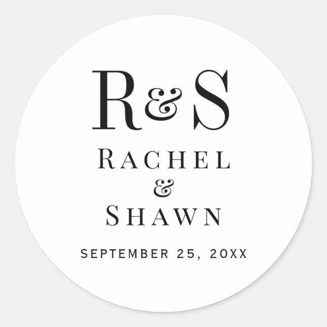 Elegante White & Black Chic Moderne Monogram Weddi Runder Aufkleber (Vorderseite)