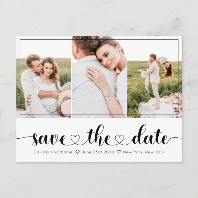 Elegante White Black Heart Typografy Save the Date Ankündigungspostkarte (Vorderseite)