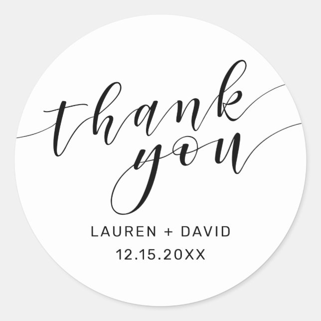 Elegante White Black Script Typografy Wedding Runder Aufkleber (Vorderseite)