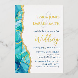 Elegante White Blue Gold Foil Einladung zur Hochze