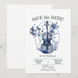 Elegante White & Blue Violin Hochzeit Save The Date