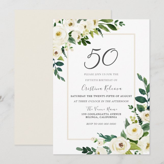Elegante White Blume 50. Geburtstagsparty Einladung (Vorne/Hinten)
