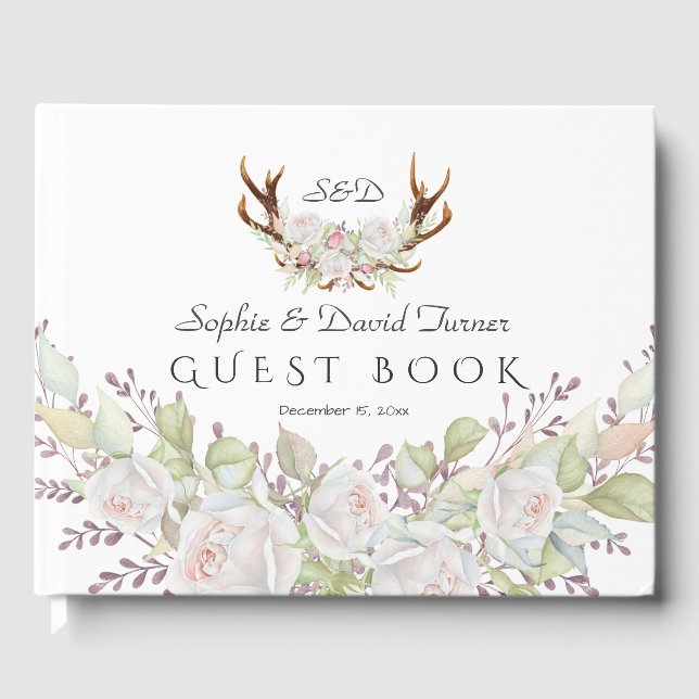 Elegante White Blume Antlers Monogram Wedding Gästebuch (Vorderseite)