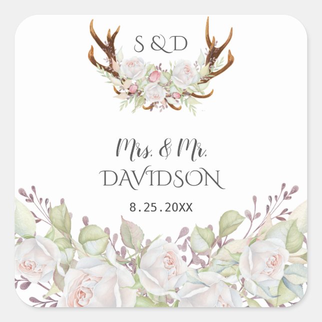 Elegante White Blume Antlers Monogram Wedding Quadratischer Aufkleber (Vorderseite)