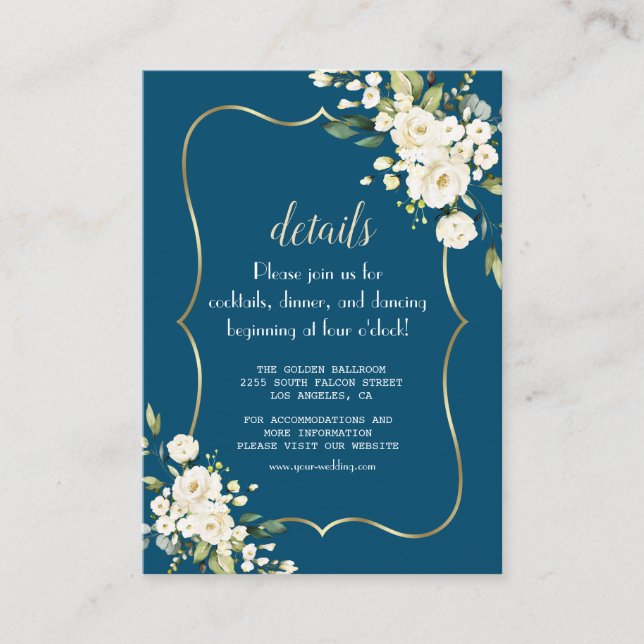 Elegante White Blume Gold Blue Wedding Details Begleitkarte (Vorderseite)