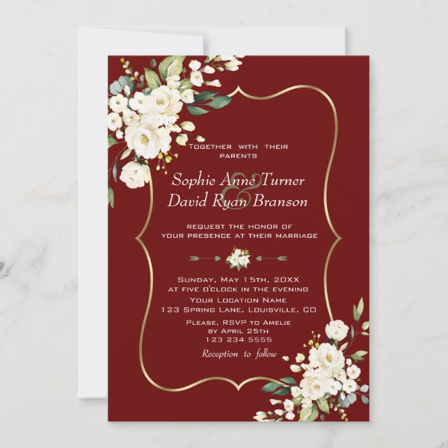 Elegante White Blume Gold Burgundy Wedding Einladung (Vorderseite)