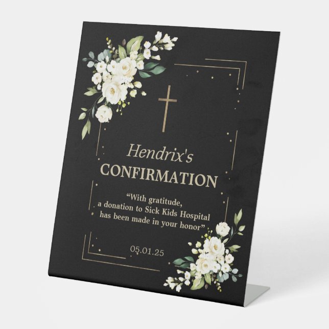 Elegante White Blume Gold Confetti Bestätigung Sockelschild (Vorderseite)