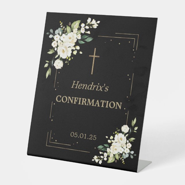 Elegante White Blume Gold Confetti Bestätigung Sockelschild (Vorderseite)