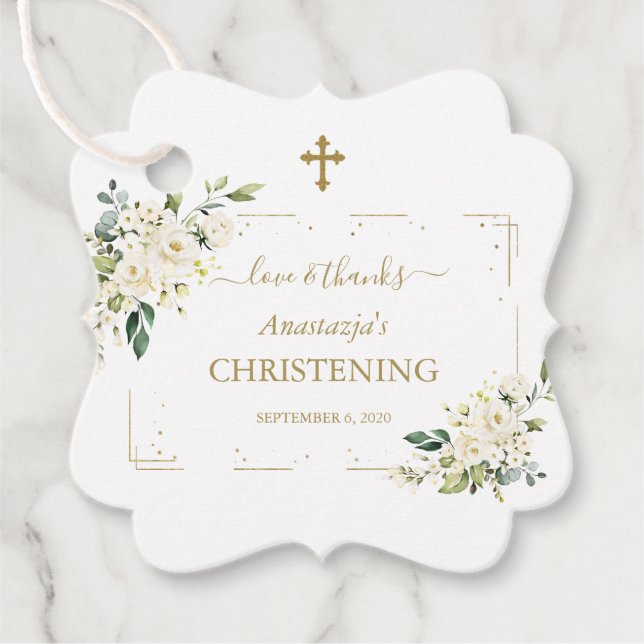 Elegante White Blume Gold Confetti Christening Geschenkanhänger (Vorderseite)