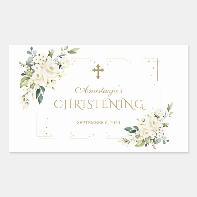Elegante White Blume Gold Confetti Christening Rechteckiger Aufkleber (Vorderseite)