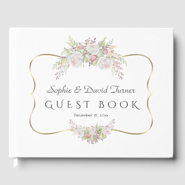 Elegante White Blume Gold Navy Blue Wedding Gästebuch (Vorderseite)