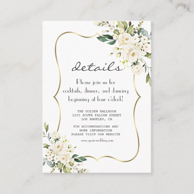 Elegante White Blume Gold Navy Hochzeitsdetails Begleitkarte (Vorderseite)