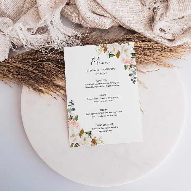 Elegante White & Blush Pink Magnolia Blumenzehen Menükarte (Elegant White & Blush Pink Magnolia Floral Wedding Menu)