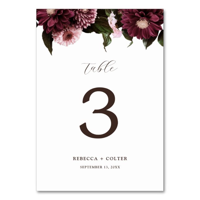 Elegante White Burgundy Floral Wedding Tischnummer (Vorderseite)