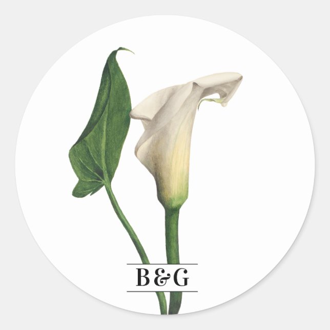 Elegante White Calla Lily Grüne Botanische Hochzei Runder Aufkleber (Vorderseite)