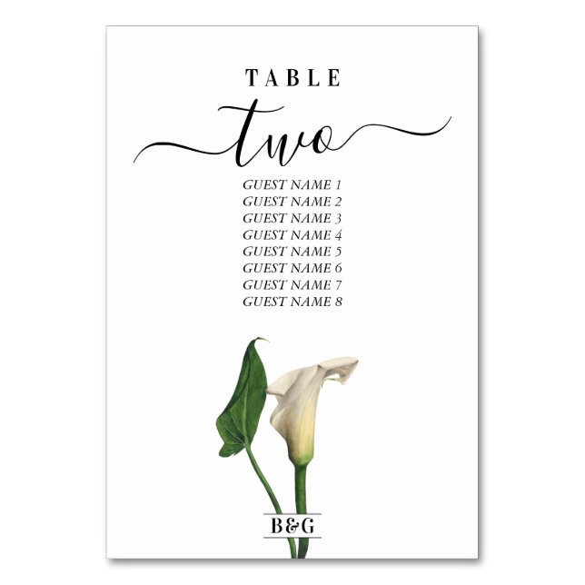 Elegante White Calla Lily Grüne Botanische Hochzei Tischnummer (Vorderseite)