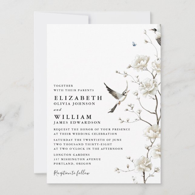 Elegante White Chinoiserie Floral QR Code Hochzeit Einladung (Vorderseite)