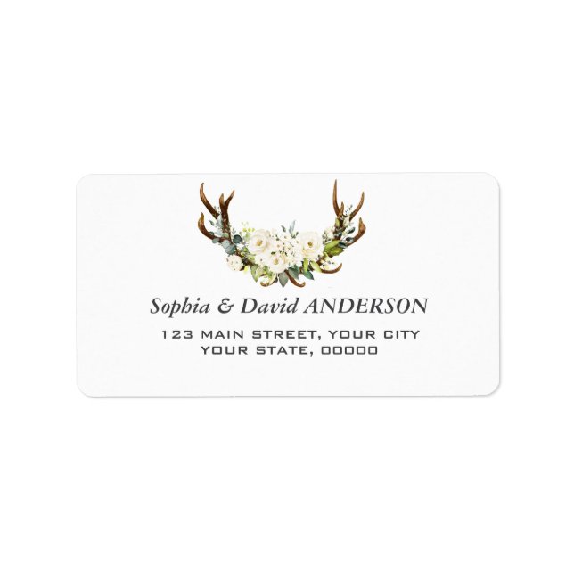 Elegante White Cream Blume Antlers Wedding Adressaufkleber (Vorne)