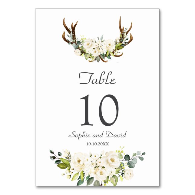 Elegante White Cream Blume Antlers Wedding Tischnummer (Vorderseite)