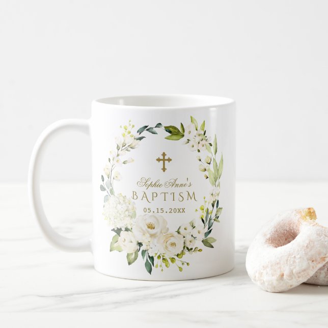 Elegante White Cream Blume Gold Cross Taufen Kaffeetasse (Mit Donut)