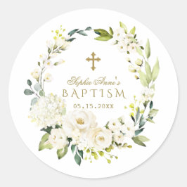Elegante White Cream Blume Gold Cross Taufen Runder Aufkleber