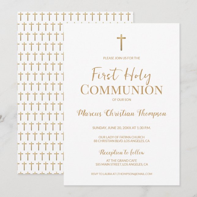 Elegante White Cross Boy Erste heilige Kommunion Einladung (Vorne/Hinten)