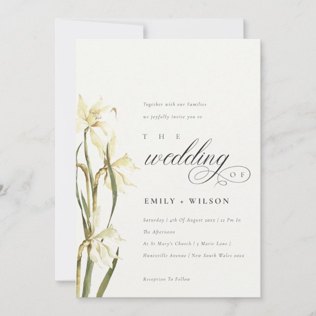 Elegante White Daffodil Watercolor Wedding Einladu Dankeskarte (Vorderseite)