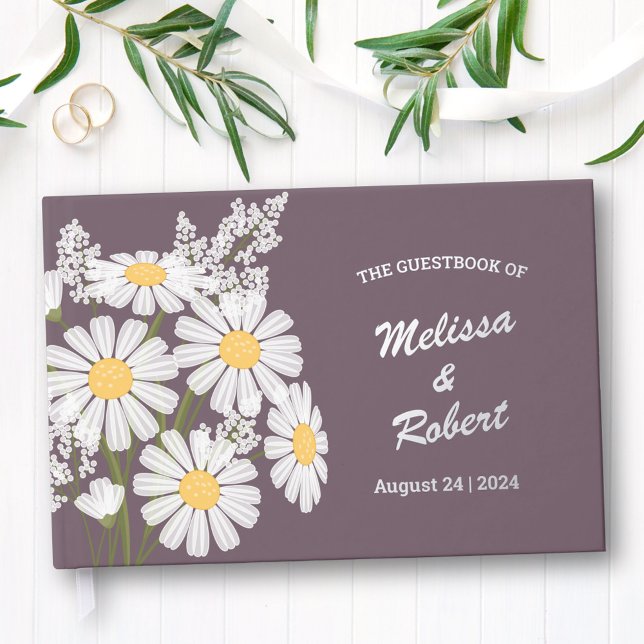 Elegante White Daisies Rustic Wedding Foil Lila Gästebuch (Von Creator hochgeladen)
