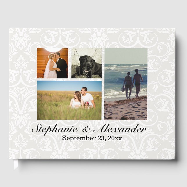 Elegante White Damask 4 Foto Hochzeit oder Veranst Gästebuch (Vorderseite)