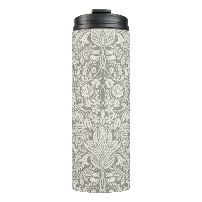 Elegante White Damask Floral Wohngestaltung Thermosbecher (Vorderseite)
