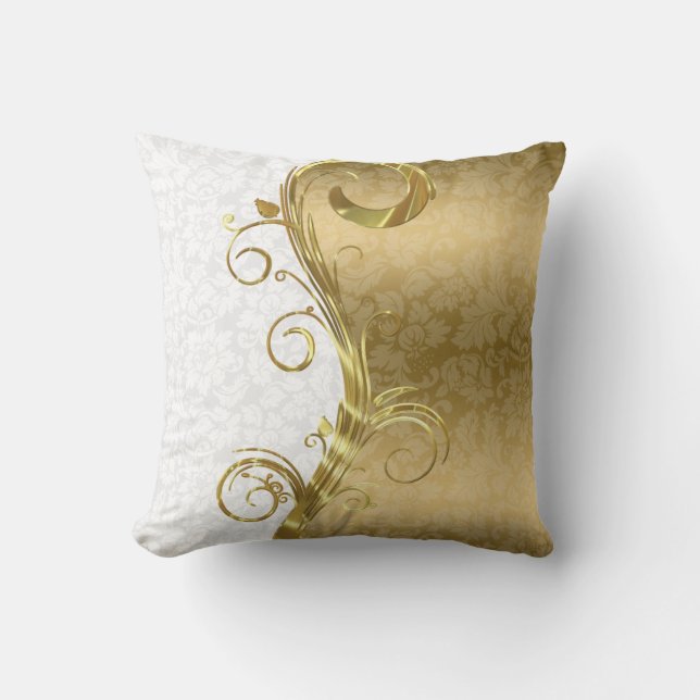 Elegante White Damaskas Gold Wirbel Kissen (Vorderseite)