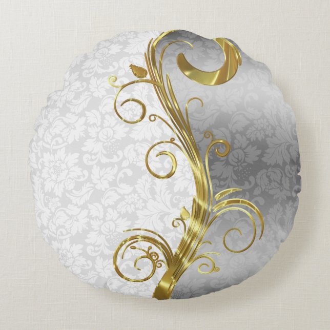 Elegante White Damasks Gold & Silver Wirbel Rundes Kissen (Vorderseite)