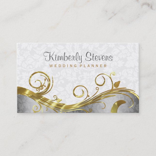 Elegante White Damasks Gold & Silver Wirbel Visitenkarte (Vorderseite)