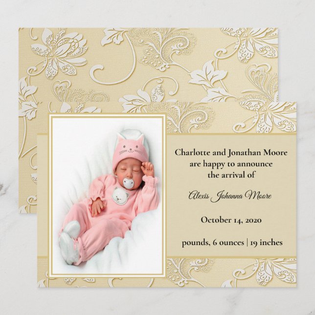 Elegante White Die Cut Floral Geburtserklärung Einladung (Vorne/Hinten)