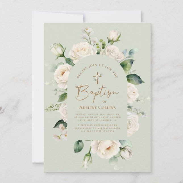 Elegante White Floral Aged Sage Baptisse Einladung (Vorderseite)