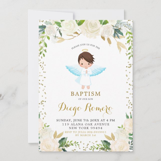 Elegante White Floral Angelic Boy Taufe Einladung (Vorderseite)