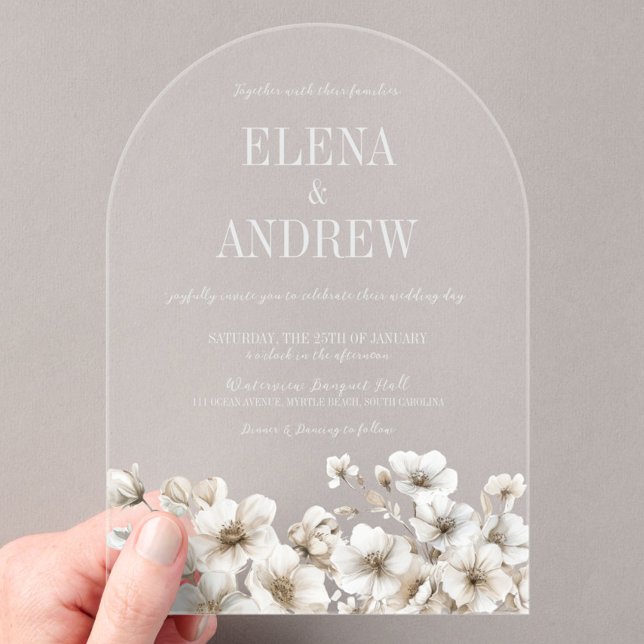 Elegante White Floral Arch Wedding Acryleinladungen (Elegant White Floral Arch Wedding Acrylic Invitations, Clear Invite, In bloom, Modern Chic, Winter)