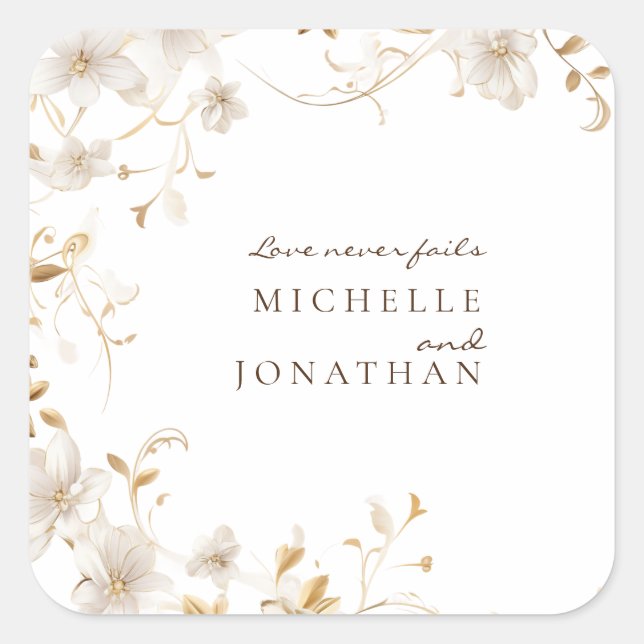 Elegante White Floral Bible Verse Moderne Hochzeit Quadratischer Aufkleber (Vorderseite)