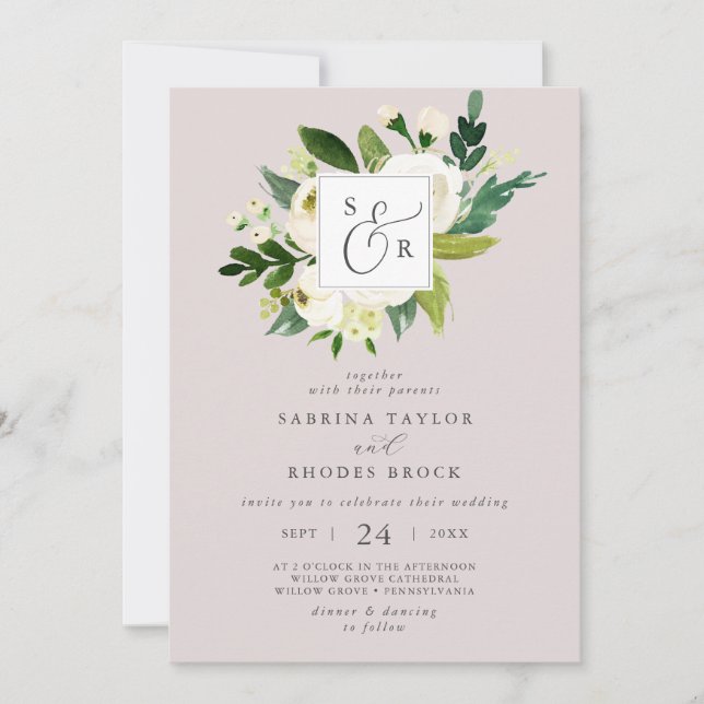 Elegante White Floral Blush Mauve Monogram Wedding Einladung (Vorderseite)