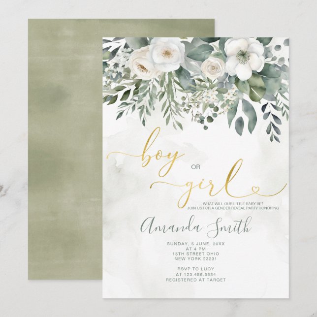 Elegante White Floral Boy oder Girl Gender Reveal Einladung (Vorne/Hinten)