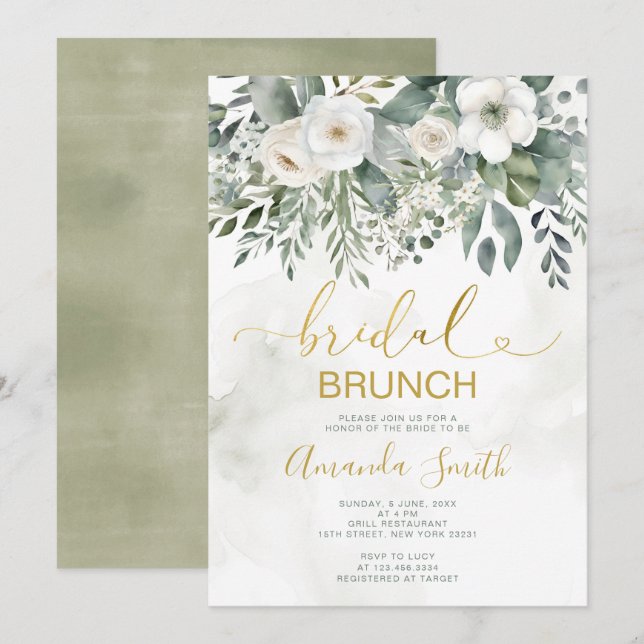Elegante White Floral Bridal Brunch Dusche Gold Einladung (Vorne/Hinten)
