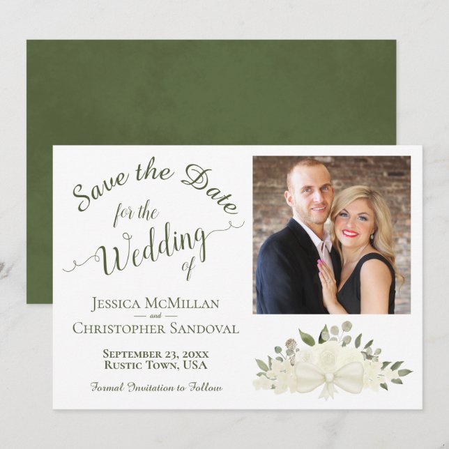 Elegante White Floral Calligraphy & Foto Wedding Save The Date (Vorne/Hinten)