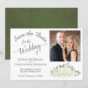 Elegante White Floral Calligraphy & Foto Wedding Save The Date