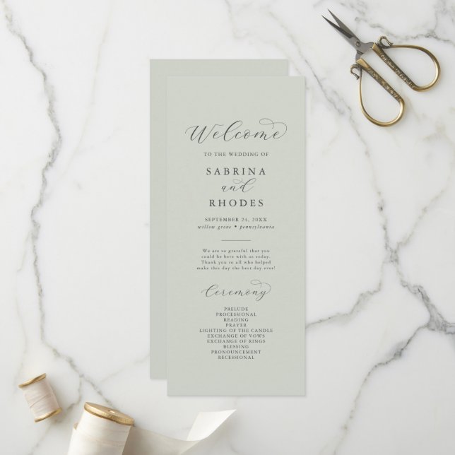 Elegante White Floral Coordinate Sage Mint Wedding Programm (Vorderseite/Rückseite Beispiel)