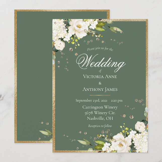 Elegante White Floral Gold Green Wedding Einladung (Vorne/Hinten)