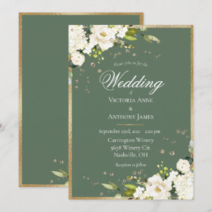 Elegante White Floral Gold Green Wedding Einladung
