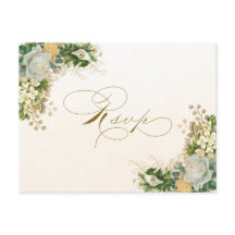 Elegante White Floral Gold Hochzeit RSVP Einladung